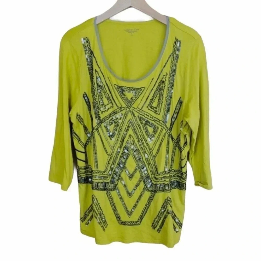 Coldwater Creek Women's XL Yellow Geometric Sequin 3/4 Sleeve Top Steampunk Goth
